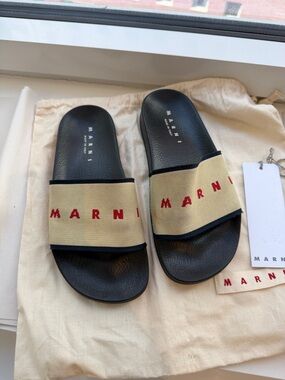 Marni Black & Beige Canvas Logo Slide Sandals with Red Embroidery